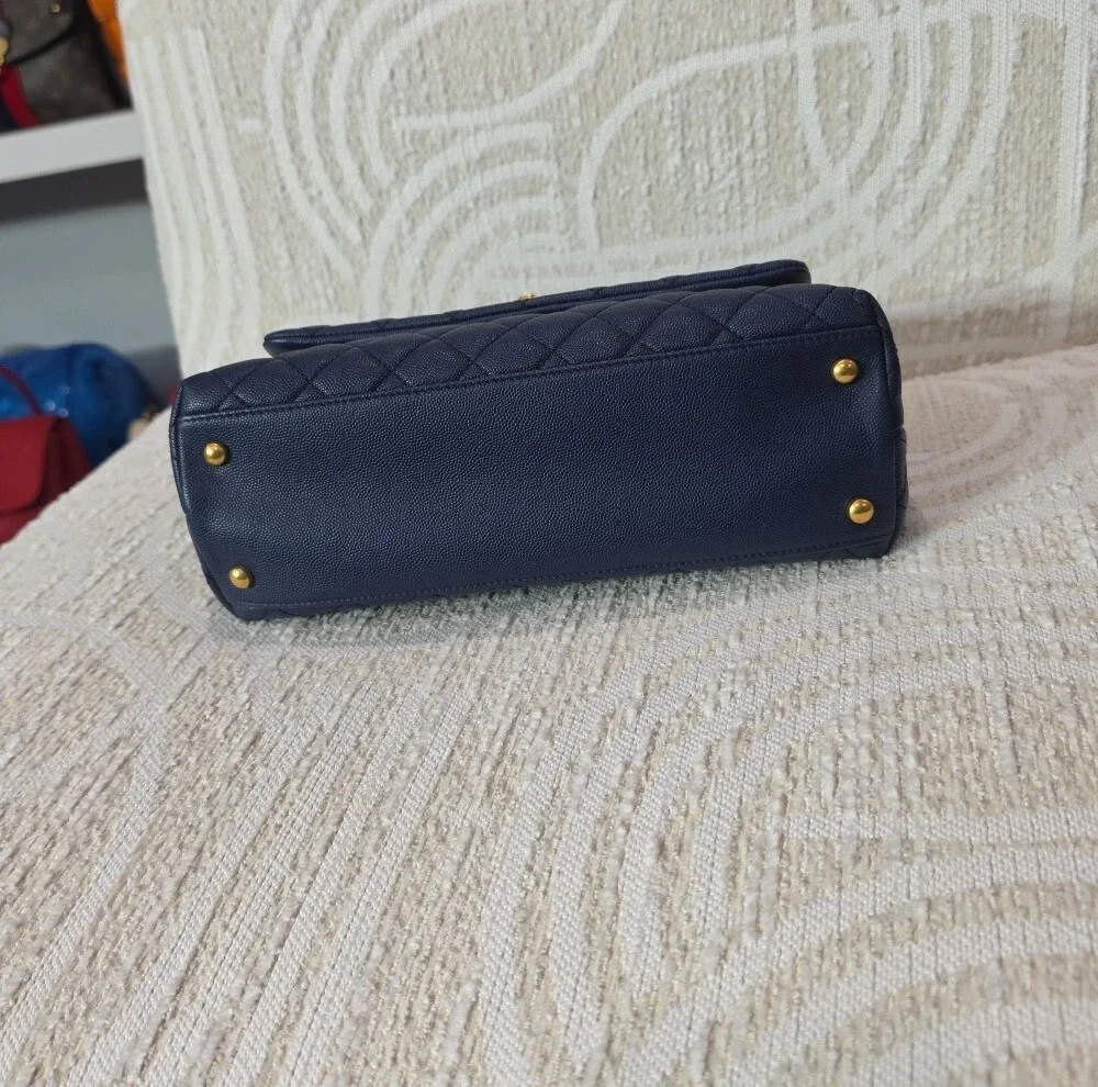 CHANEL Coco Navy Quilted Leather Top Handle Satchel with Burgundy Lizard Handle